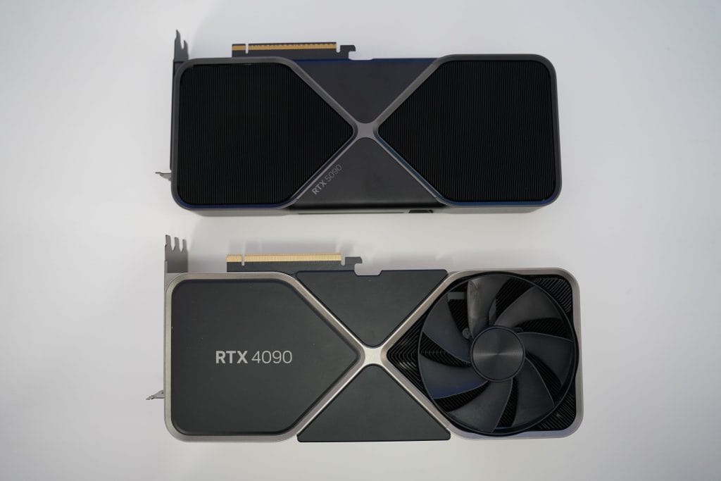 RTX 5090 vs RTX 4090 GPU side-by-side with Stable Diffusion interface in the background
