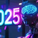 A 2025 smart workspace with AI-powered gadgets, wearable technology, and augmented reality displays