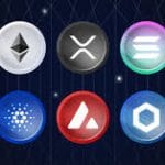 A selection of digital cryptocurrencies glowing on a black background