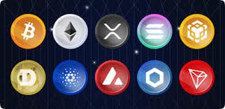 A selection of digital cryptocurrencies glowing on a black background