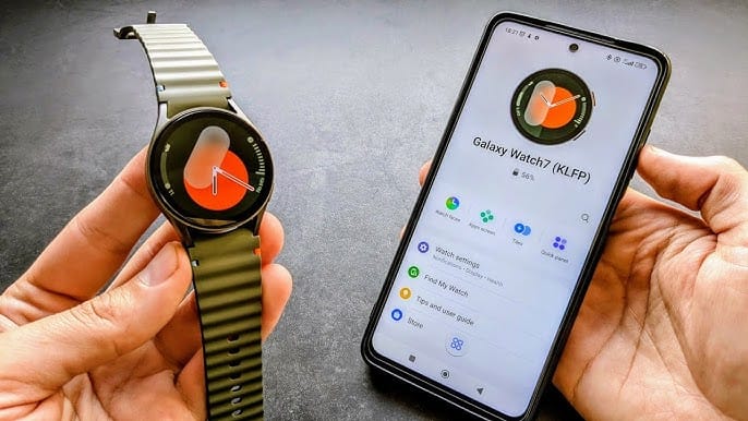 Samsung Galaxy Watch 7 on a user's wrist showing heart rate and time on screen