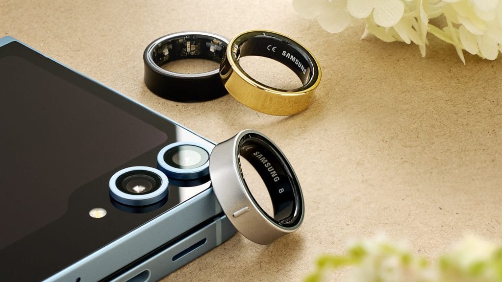 Samsung Galaxy Ring 2025 worn on hand, paired with smartphone health app