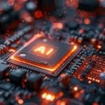 AI processor chip glowing on a motherboard