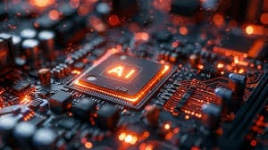 AI processor chip glowing on a motherboard